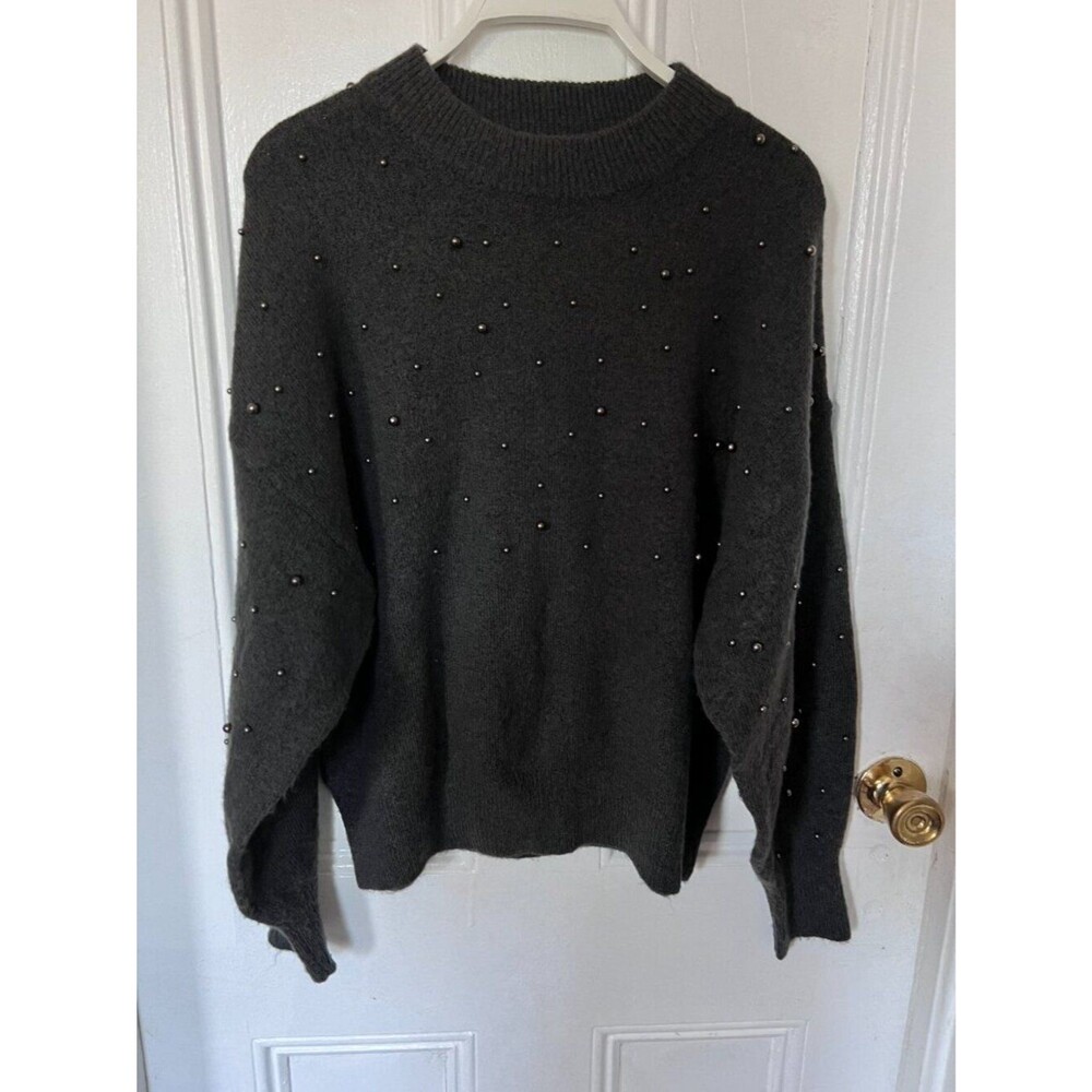 H&M Charcoal Gray Pearl Embellished Knit Minimalist Wool Blend Sweater S